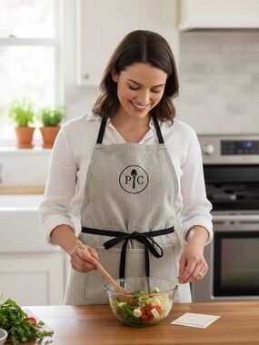 Pampered Chef Gray White Stripe Apron Adjustable Black Tie Size One Cotton